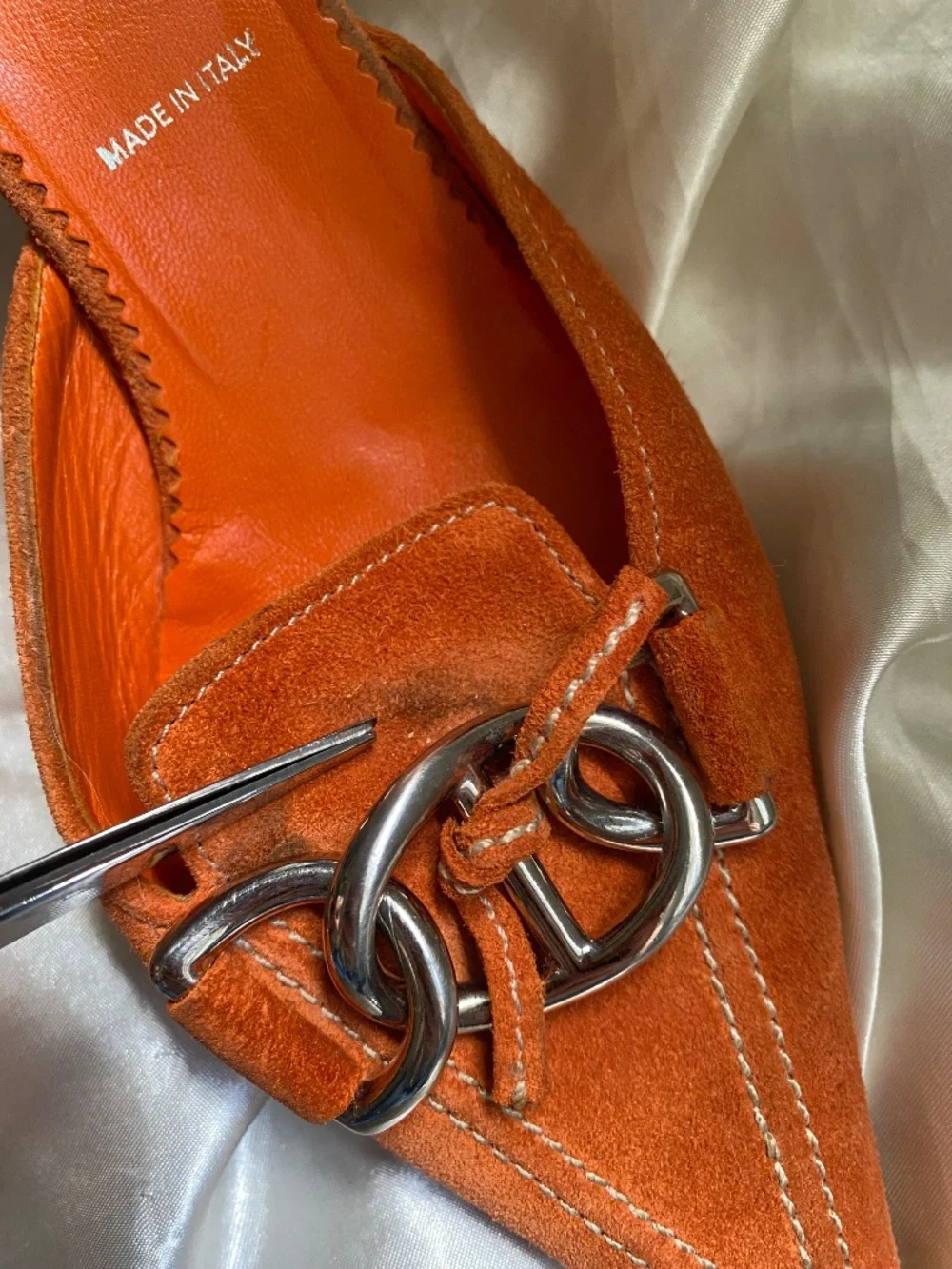 Vintage y2k Prada Orange Suede Chain Pointed Toe Kitten Heel Size 37 / 6.5/7